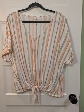 Surplice Tie-Front Striped V-Neck Top — White & Coral